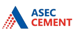 Logo of ASEC Cement featuring a blue triangle with red dots and the text 'ASEC CEMENT'.