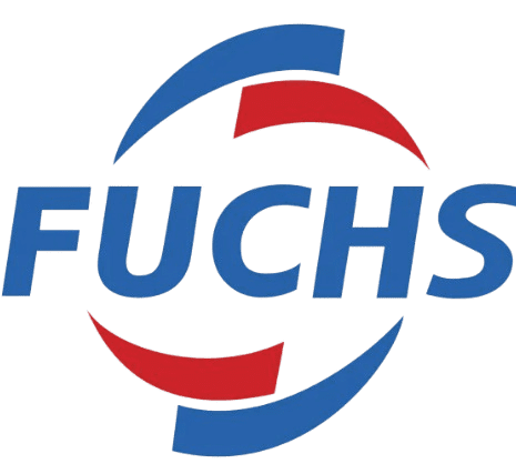 Fuchs logo featuring blue text with red and blue curved elements surrounding the word.