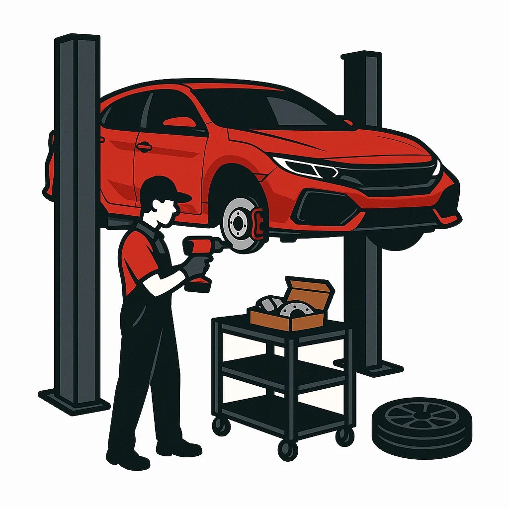 Brake service on a red Honda Civic at EDC Auto Santa Clarita — vector graphic with mechanic, impact gun, and service cart.
