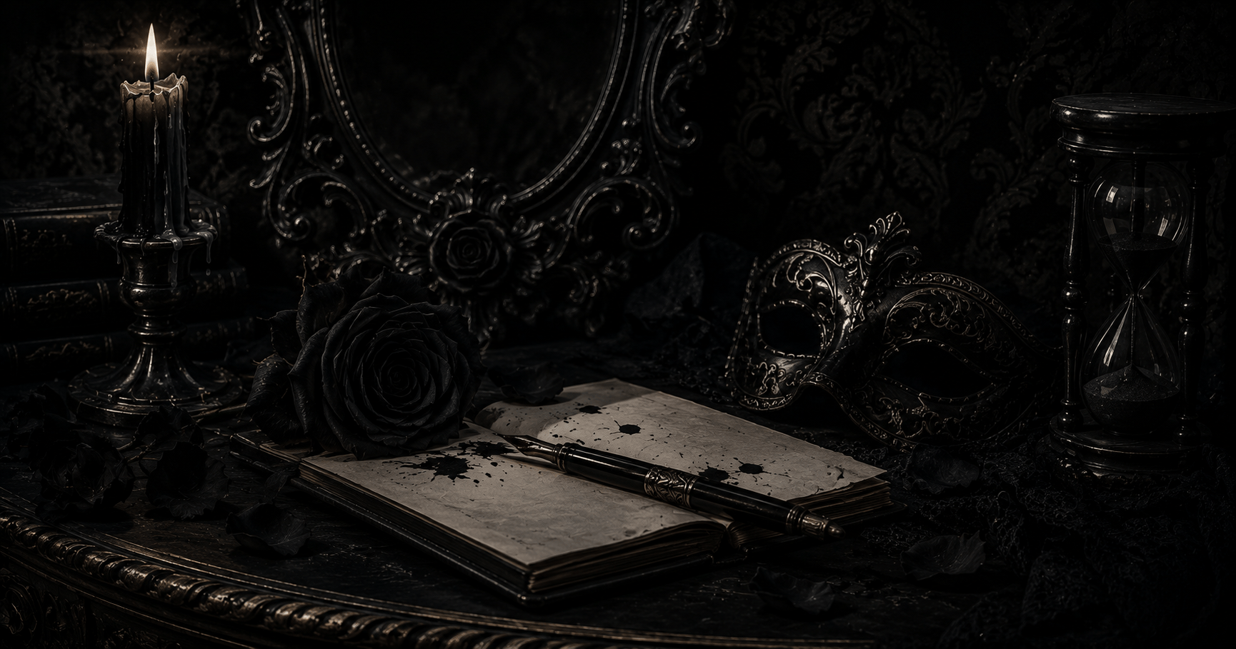 A dark gothic still life featuring an open vintage journal with a black fountain pen resting across its pages, surrounded by a black rose, a flickering black candle, an ornate Venetian mask, and an hourglass filled with black sand. The scene is illuminated by soft candlelight against a luxurious black Victorian background, creating a mysterious, elegant atmosphere that evokes dark romance, creativity, and the passage of time.