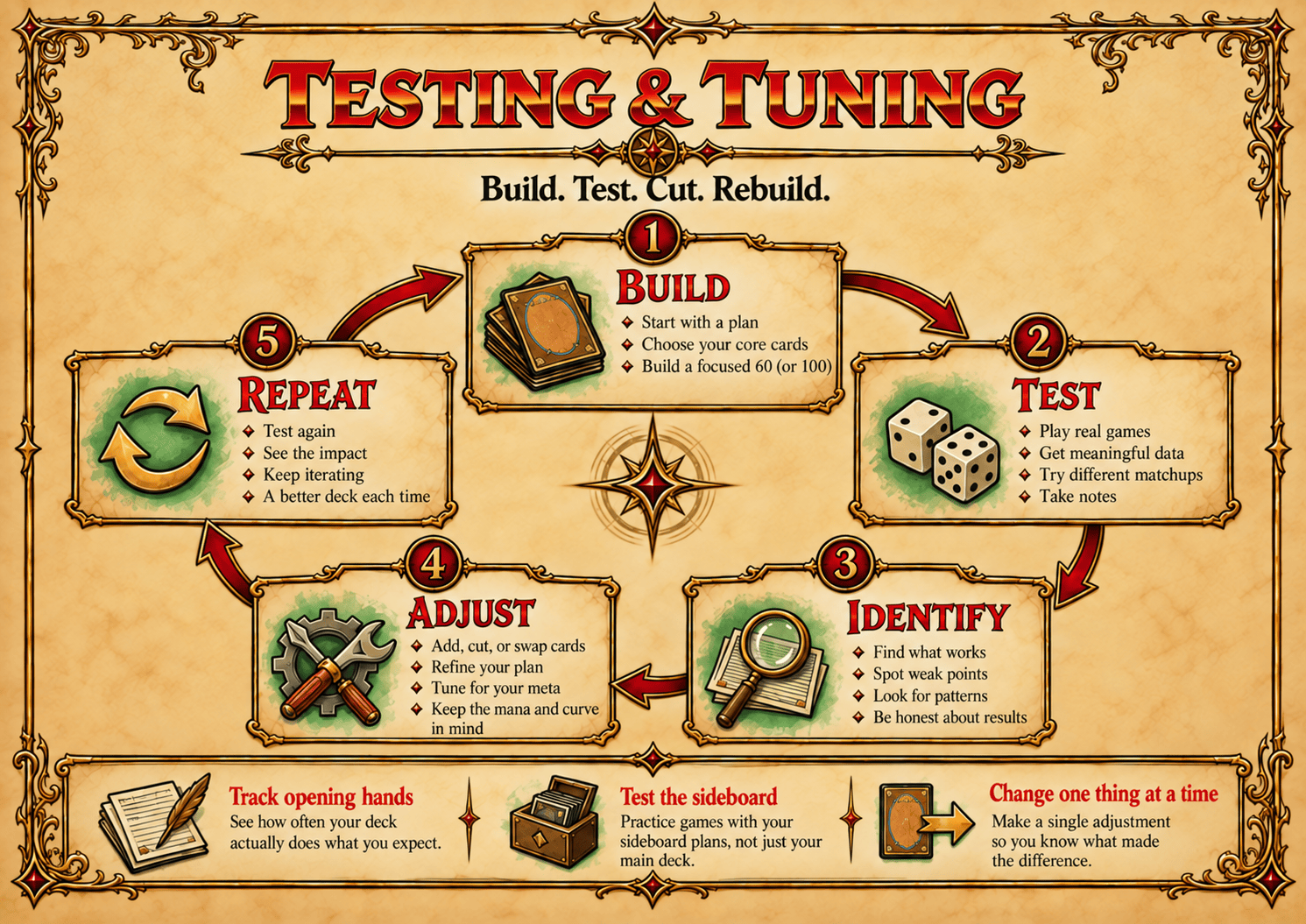 Build, test, identify, adjust and repeat deckbuilding cycle