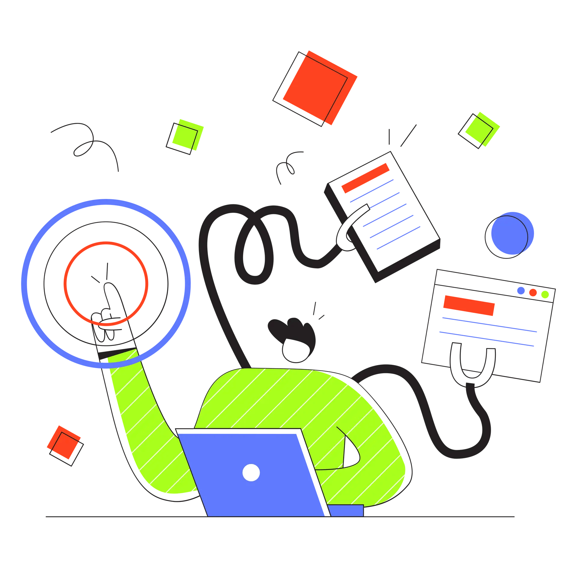illustration of a person overwhelmed by disconnected digital tasks and interfaces, symbolizing the chaos and inefficiency caused by broken business workflows.