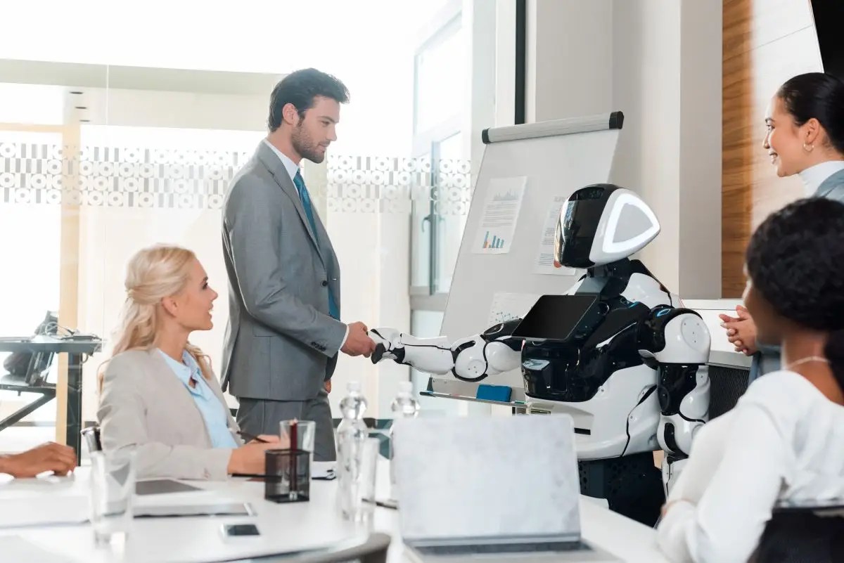 AI agents assist with tasks—showing sales, support, and operations teams collaborating with AI.