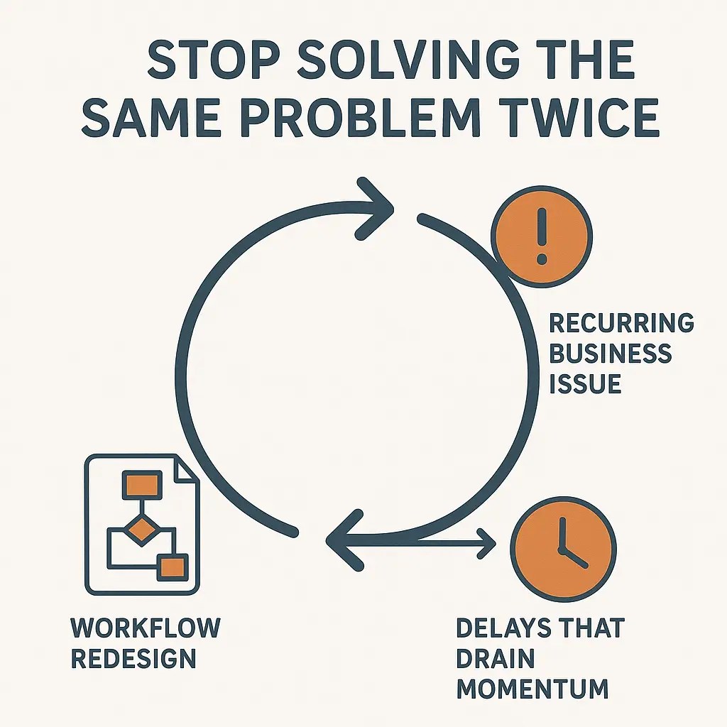 Looping arrow diagram showing a recurring business issue being resolved through workflow redesign