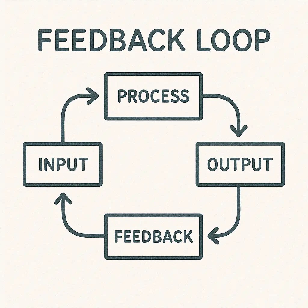 Circular feedback loop diagram with arrows connecting input, action, and output stages