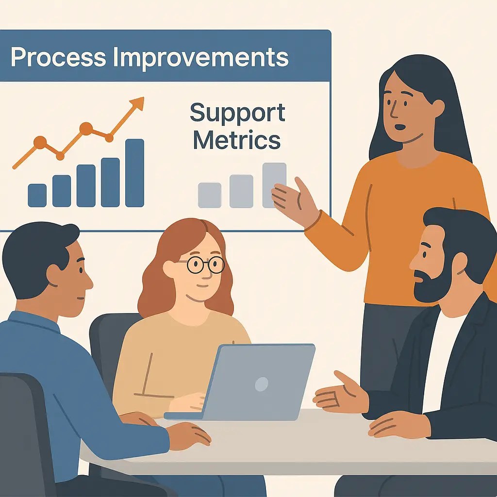 Team working together around a dashboard showing process improvements and support metrics