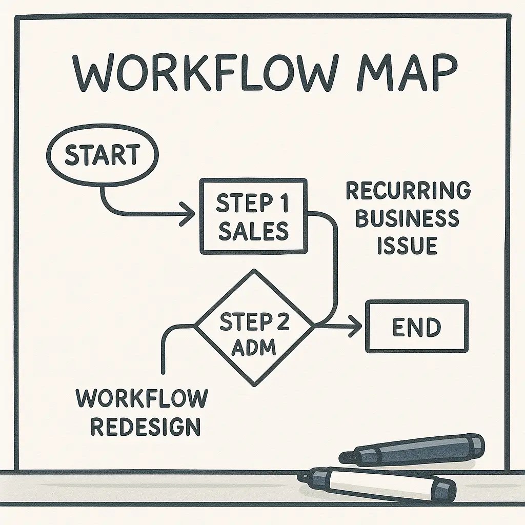 Hand-drawn workflow map sketched on a whiteboard with labelled steps and arrows