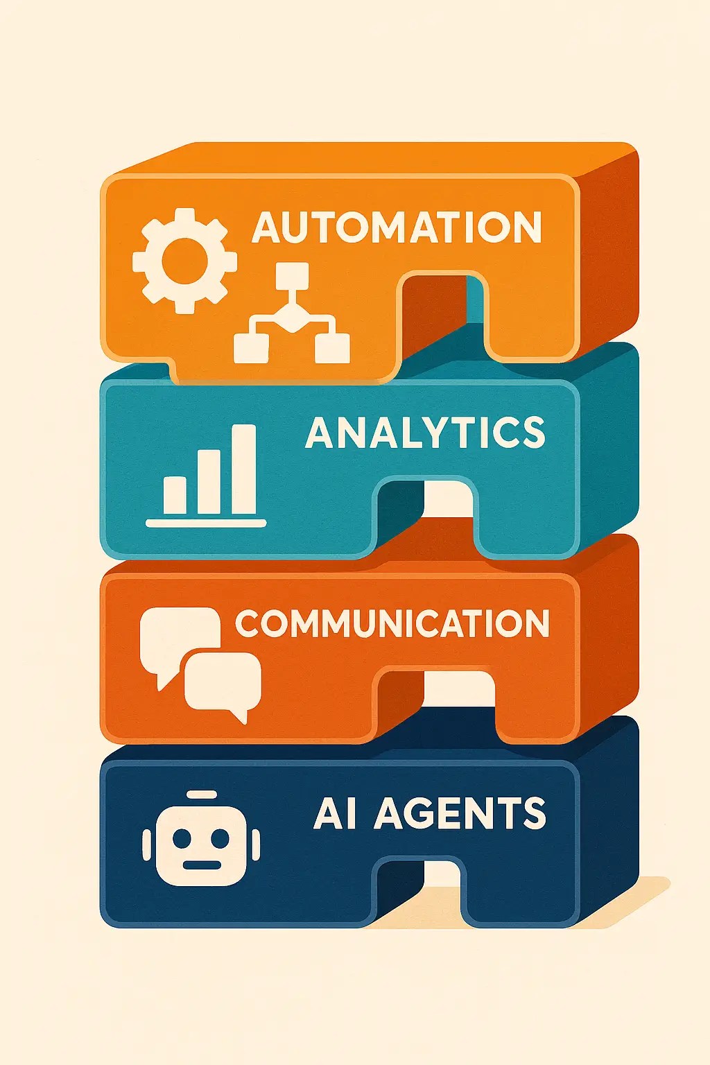 A layered digital toolbox visual, with icons representing tools like automation, analytics, communication, and AI agents stacked neatly — like modular puzzle pieces.