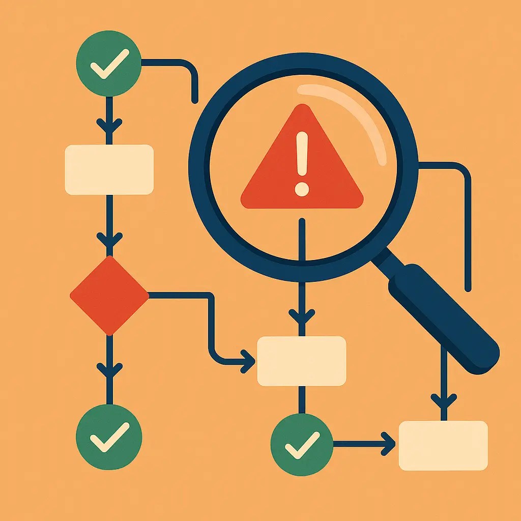 A bird’s-eye view of a stylised business flowchart being scanned or assessed by a magnifying glass, with check marks and warning symbols along the path — warm, professional, and friendly.