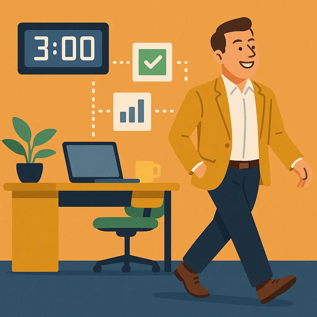 A confident business owner stepping away from their desk at 3pm on a Thursday, while behind them, a clean digital workflow hums along automatically. Bright, energetic colours evoke freedom and control.
