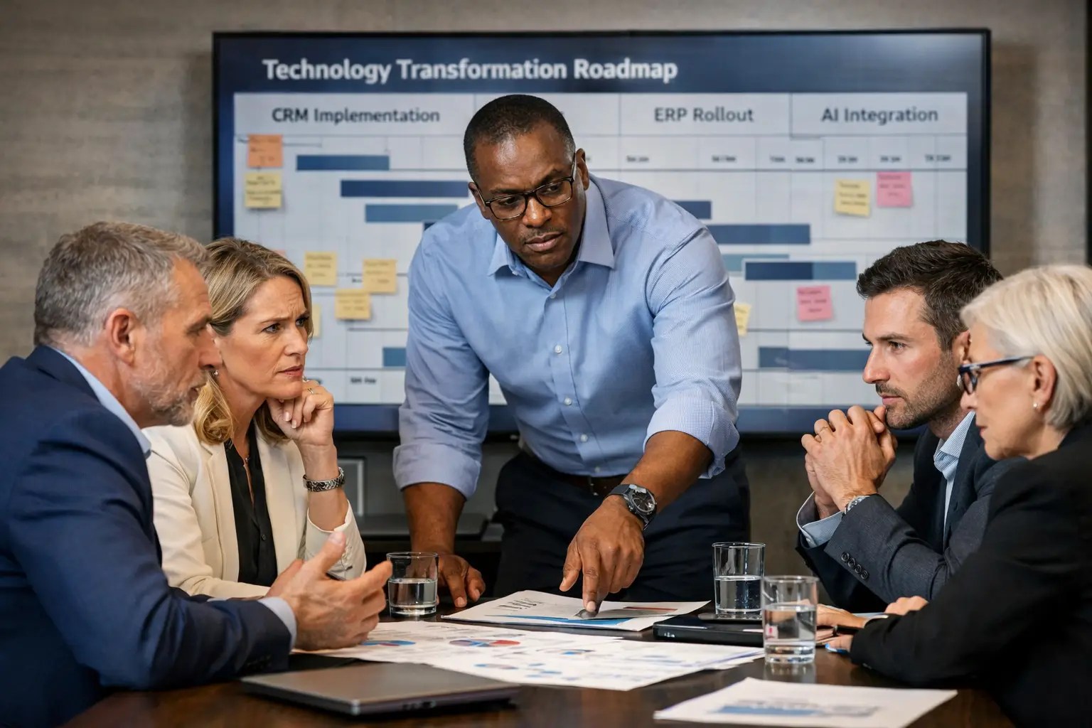Leadership team discussing a major technology transformation initiative