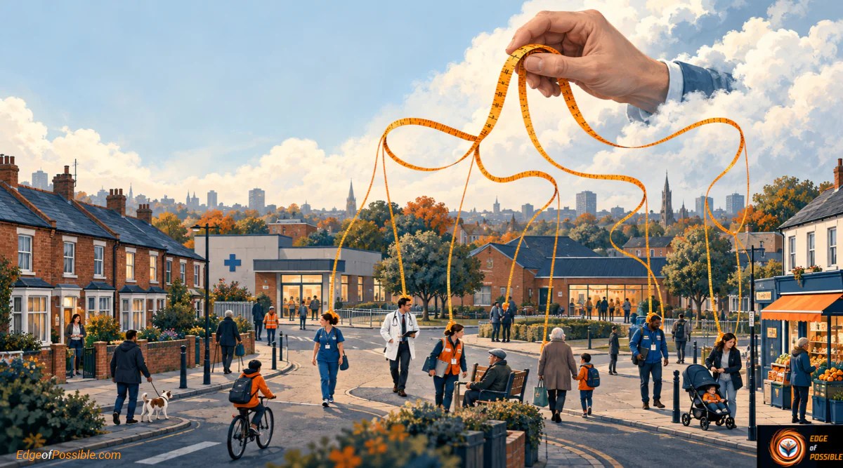 An NHS managers hand reaching down into a neighbourhood health areas puling the measurement strings of the people working there.