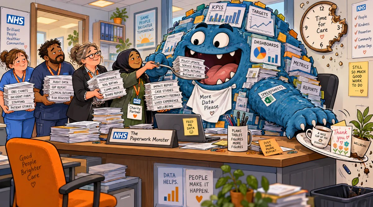A line of NHS staff and neighbourhood  health workers queuing up to feed an NHS measurement monster with piles of paperwork and data.
