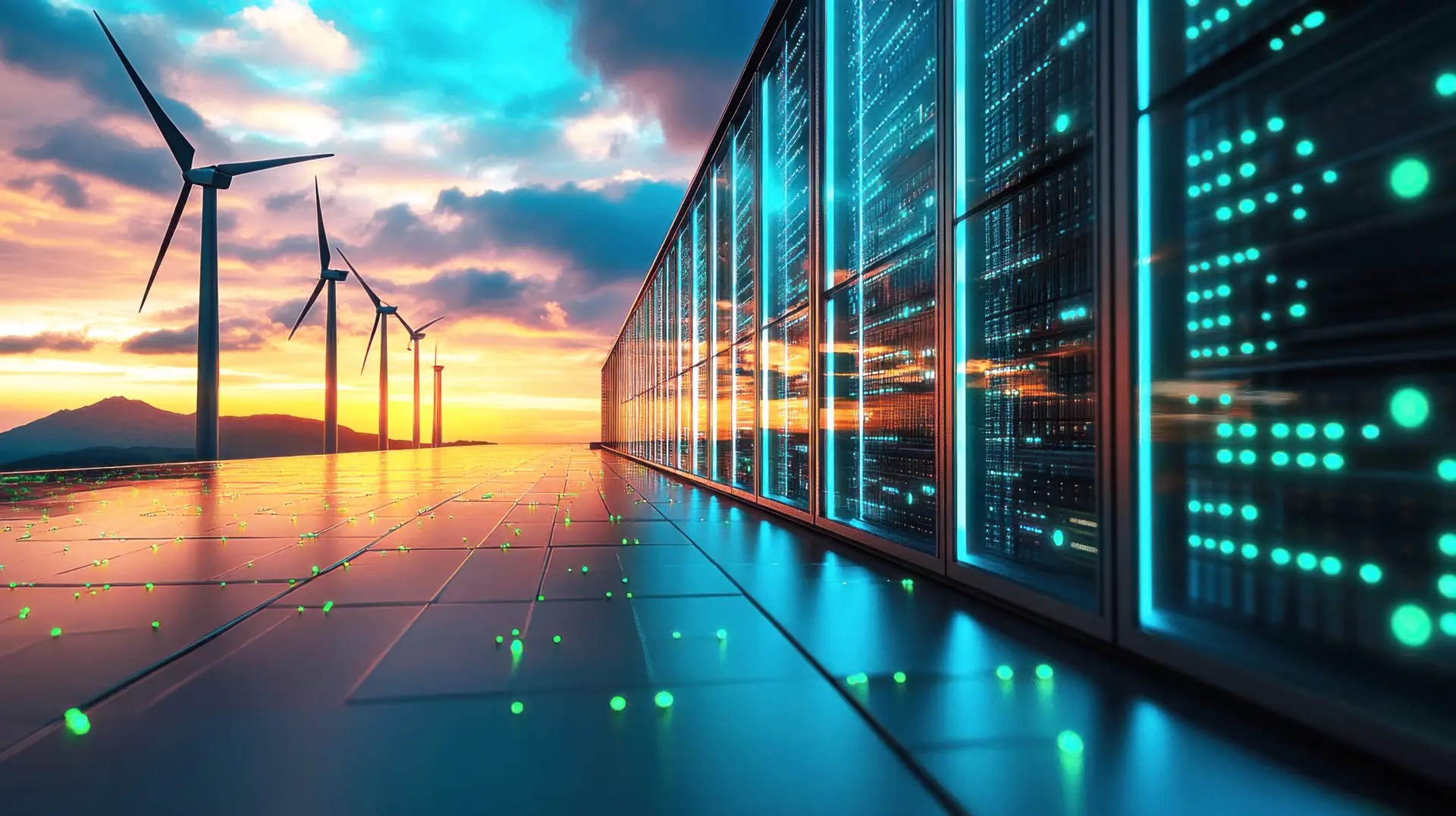 data center powered by renewable energy at sunset.
