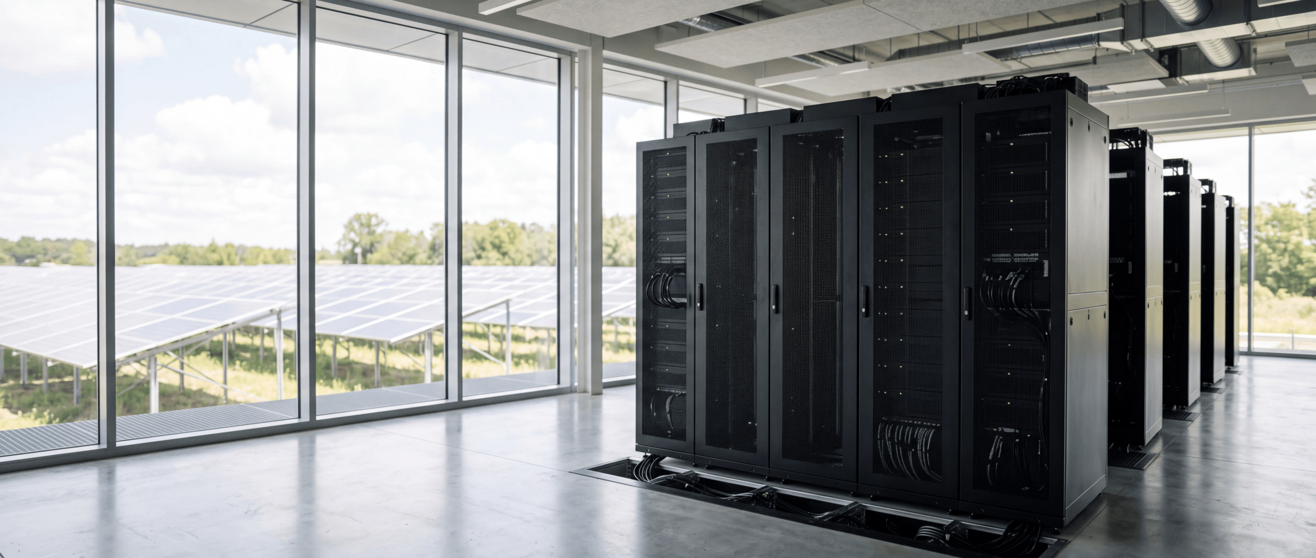 Modern green data center with server racks overlooking solar farm through floor-to-ceiling windows