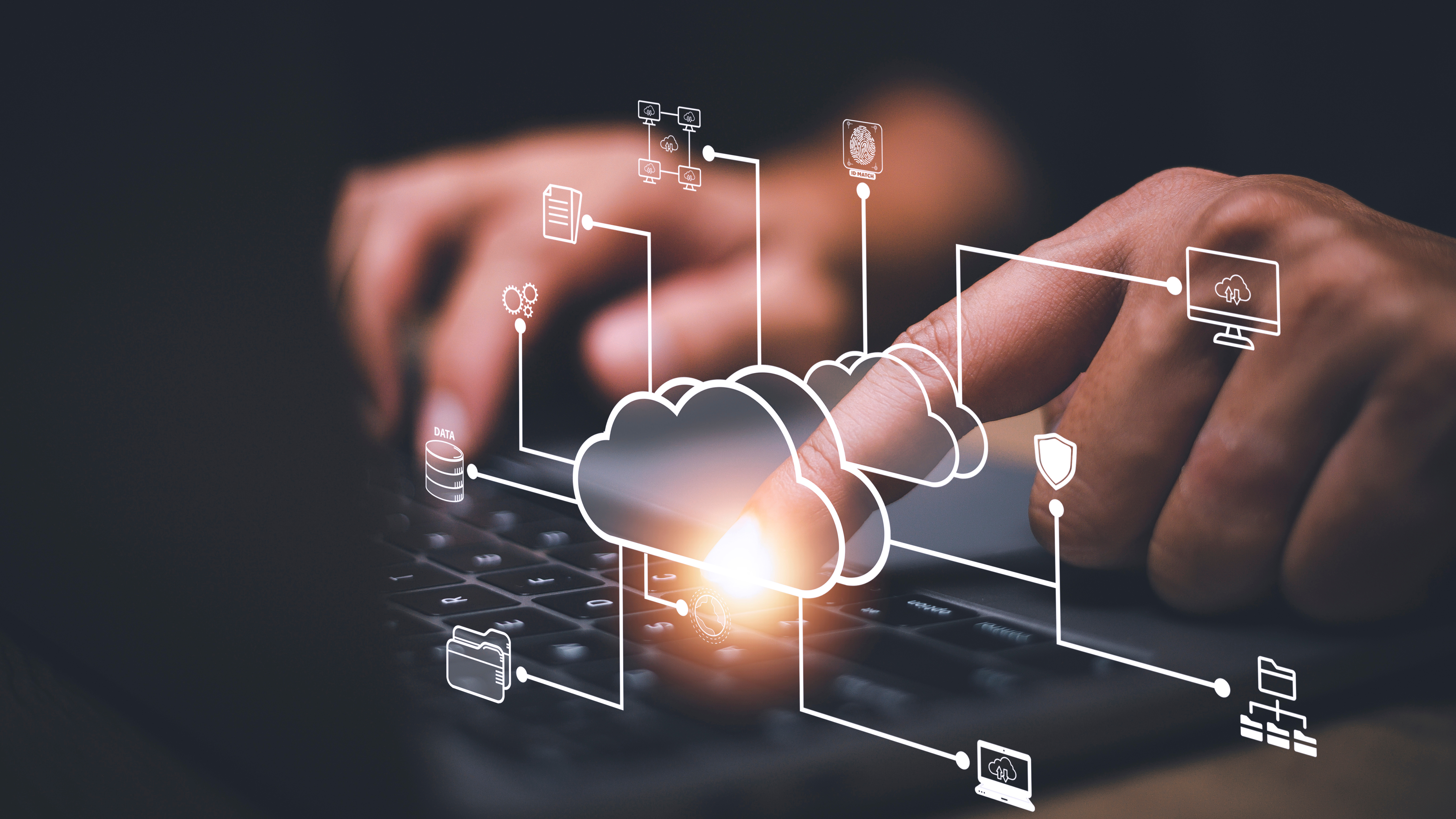 Businessman with cloud computing diagram show on hand. Cloud technology. Data storage. Networking and internet service concept.