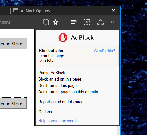 Edge - AdBlock extension blocking option