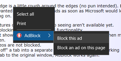 Edge - AdBlock on page context menu