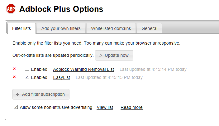 Edge - Adblock Plus options