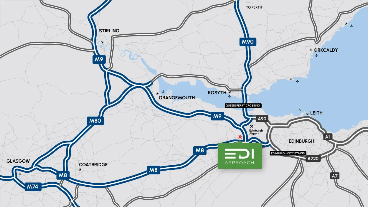A map of EDI Approach drive times, a sustainably built and excellently located new business development only 5 minutes from Edinburgh Airport