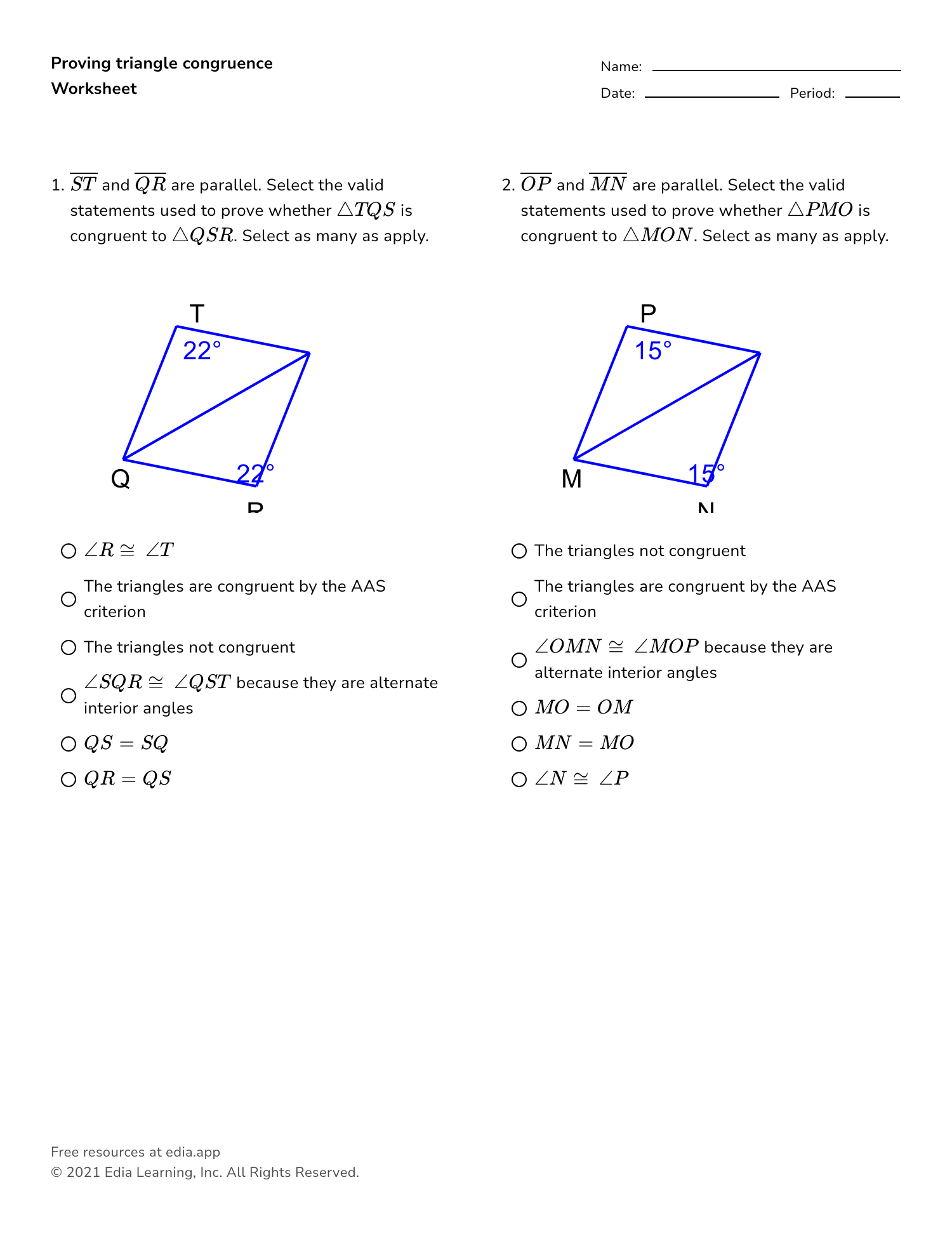 Proving angles congruent worksheet