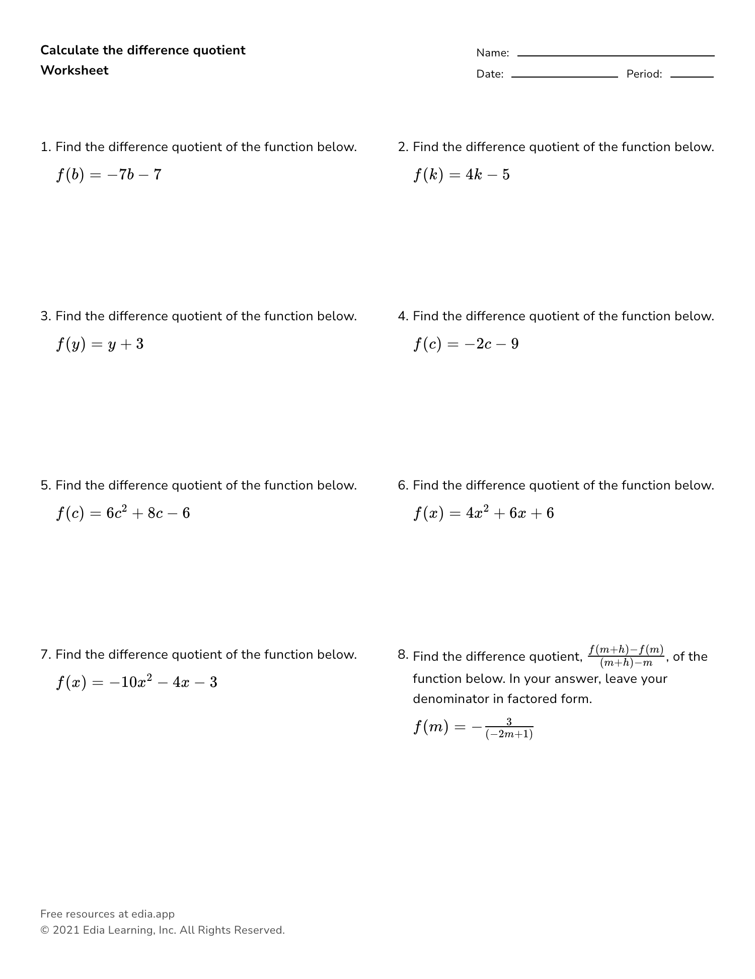 Quadratic functions, standard form, general form, roots of polynomial equations, linear functions, quadratic equation, cubic functions, . Calculate The Difference Quotient Worksheet