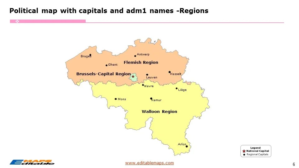 Belgium Map With 3 Regions 10 Provinces And 43 Districts Editable Belgium Map 6 