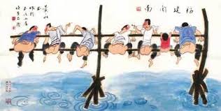 Chinees painting with some men sitting an a rod pooping over a river