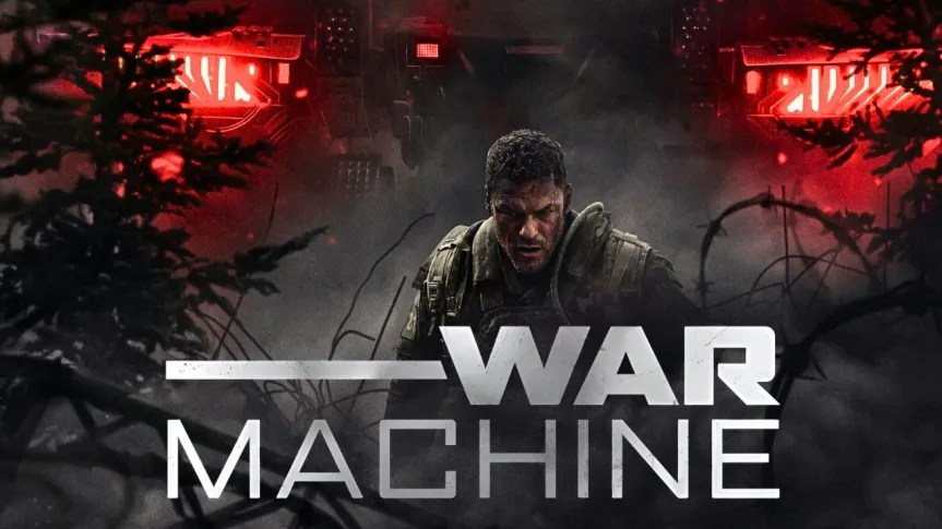a man in a battlefield with a war machine in the background