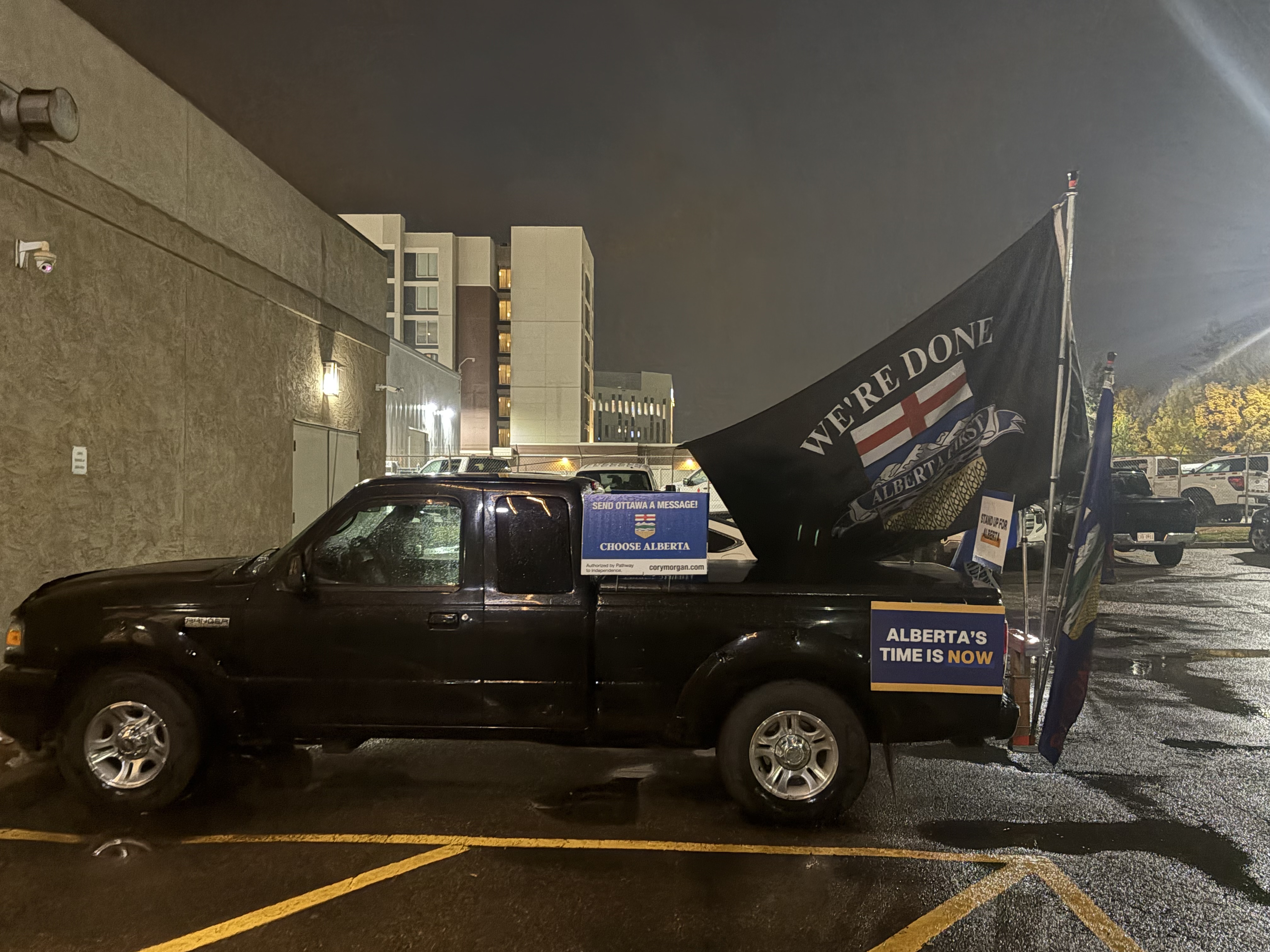 A truck decorated with Alberta sovereignty promotions.
