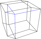 A hiperkocka csúcs felőli vetülete RFE-vel, a belső éleket kékkel jelölve