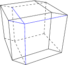 A hiperkocka csúcs felőli vetülete RFE-vel, a belső éleket kékkel jelölve, a 3D-s nézőpontból távolabbra eső éleket pedig szaggatott vonallal jelölve