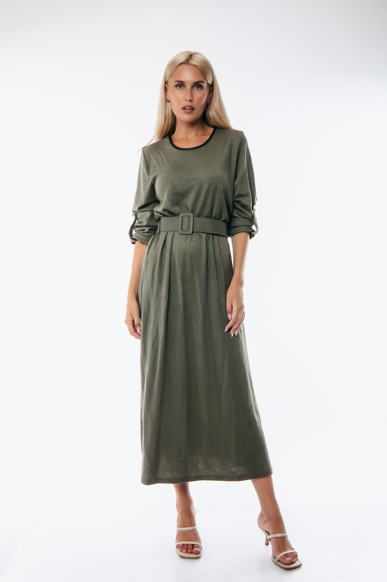 Dress Up ΦΟΡΕΜΑ ΜΑΚΡΥ ΜΕ ΓΥΡΙΣΤΟ ΜΑΝΙΚΙ ΚΑΙ ΖΩΝΗ ΧΑΚΙ Χακί