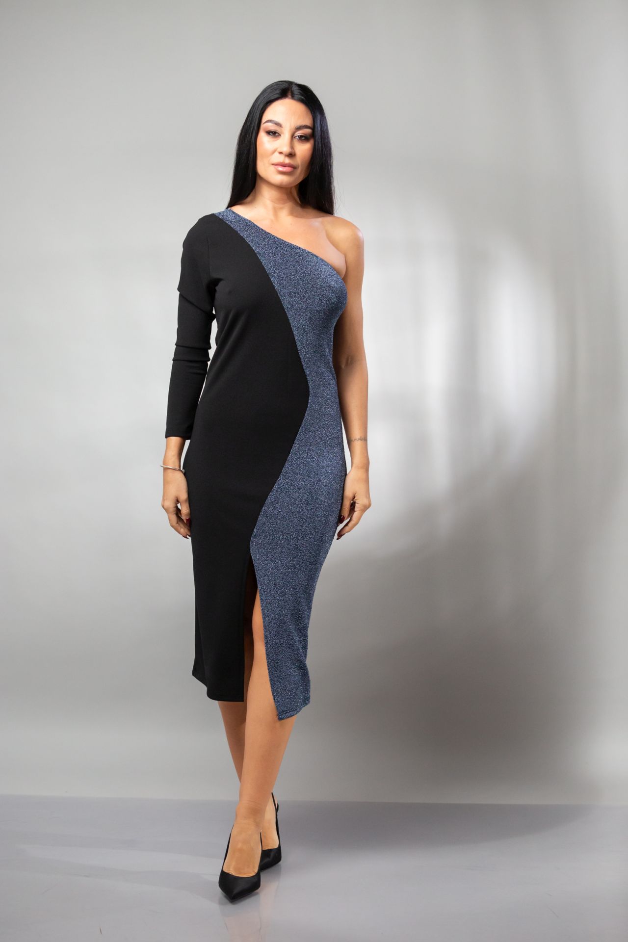 ΦΟΡΕΜΑ MIDI ΜΙΣΟ LUREX ΜΕ ΕΝΑ ΜΑΝΙΚΙ Μπλε
