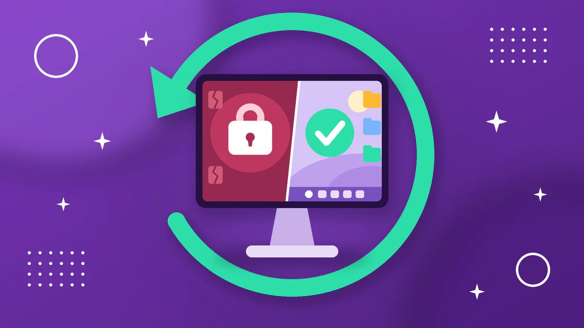 Ransomware-locked PC restored with a rollback undo arrow