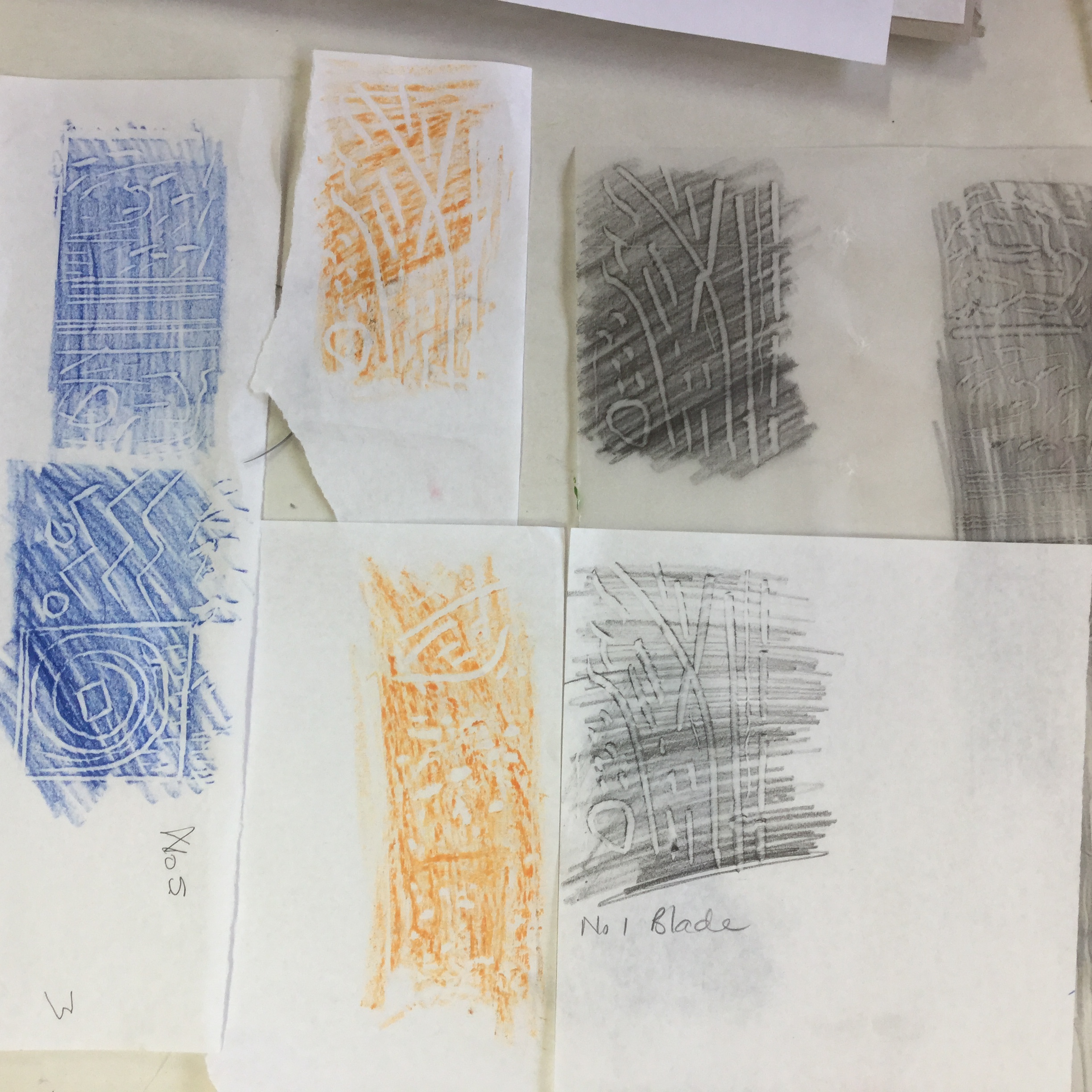Proofing the Lino using coloured pencil and wax crayon