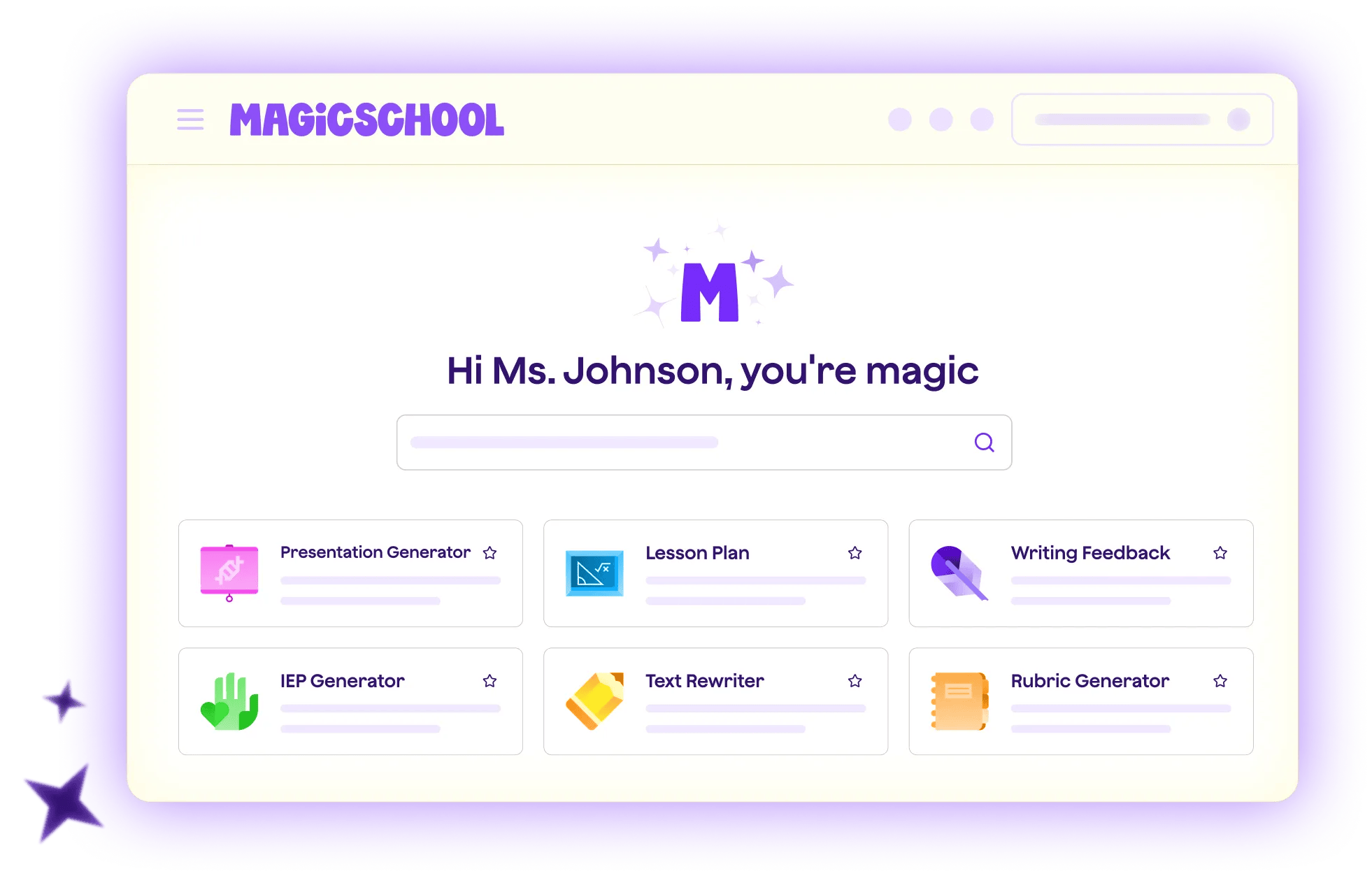MagicSchool AI platform dashboard showing teacher tools including Lesson Plan, Rubric Generator, and IEP Generator