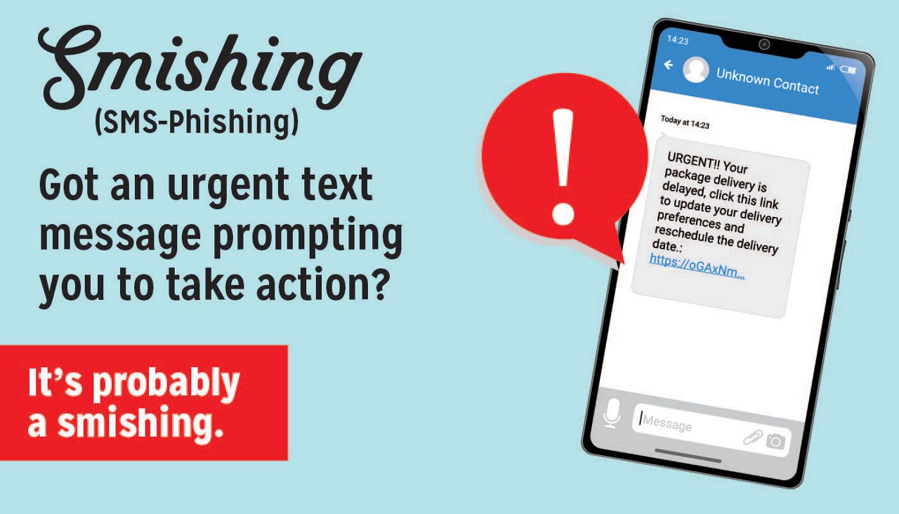 Example of a smishing attack showing a fraudulent SMS message requesting users to click a malicious delivery link.