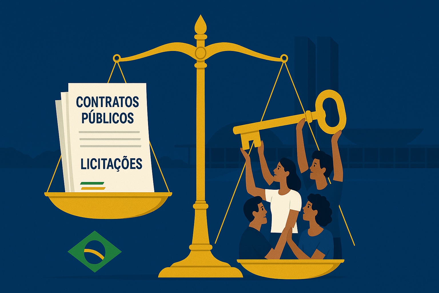 Balança da justiça com documentos públicos e cidadãos diante do Congresso Nacional, ilustrando a ação popular como instrumento de fiscalização