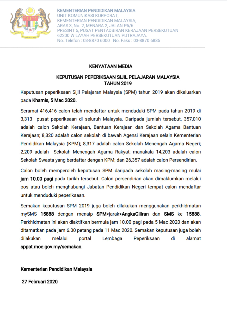 Cik nurul atikah bt mohd diserahkan kepada pelajar pendaftaran pelajar azmi (05 mac 2020) (5a) dan (sijil berhenti sekolah). Semakan Keputusan Spm 2019 Diumumkan Mac 5 2020 Ini Cara Mudah Buat Semakan Keputusan Anda Edu Bestari