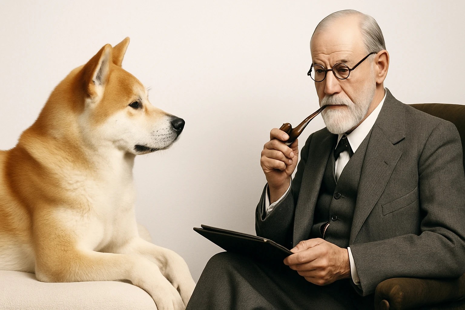 Sigmund Freud en train d’observer un Akita Inu attentif, illustrant une évaluation comportementale canine