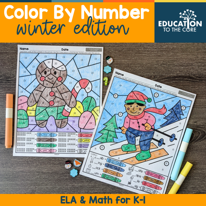 winter color by number for kindergarten and 1st grade winter worksheets education to the core