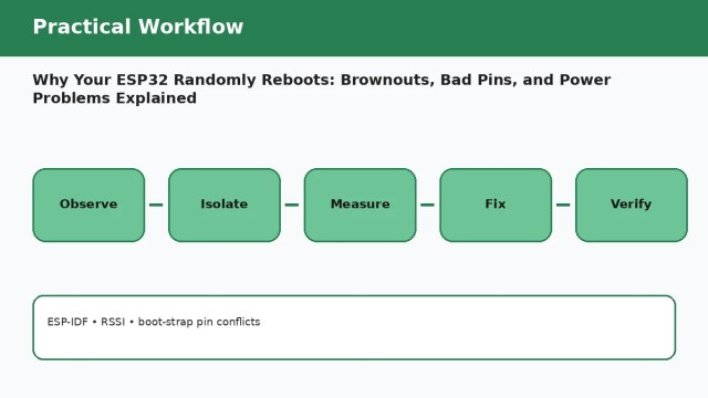 Why Your ESP32 Randomly Reboots: Brownouts, Bad Pins, and Power Problems Explained A077 workflow 1 Why Your ESP32 Randomly Reboots: Brownouts, Bad Pins, and Power Problems Explained — practical workflow