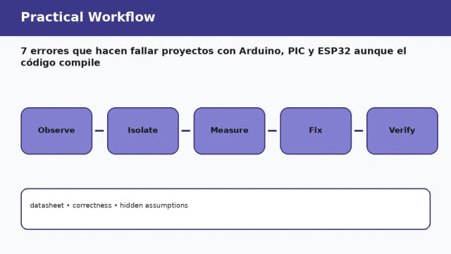 7 errores que hacen fallar proyectos con Arduino, PIC y ESP32 aunque el código compile — flujo de trabajo práctico