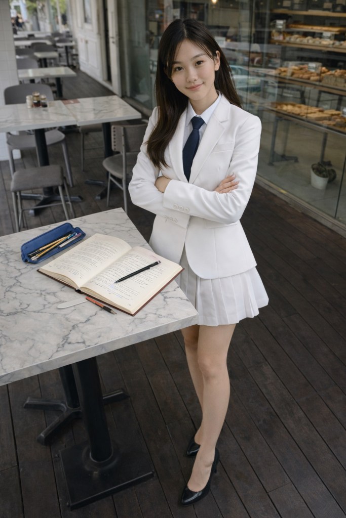 A young woman in a white suit and tie, standing confidently with her arms crossed in a café. A marble table beside her features an open book and stationery items.