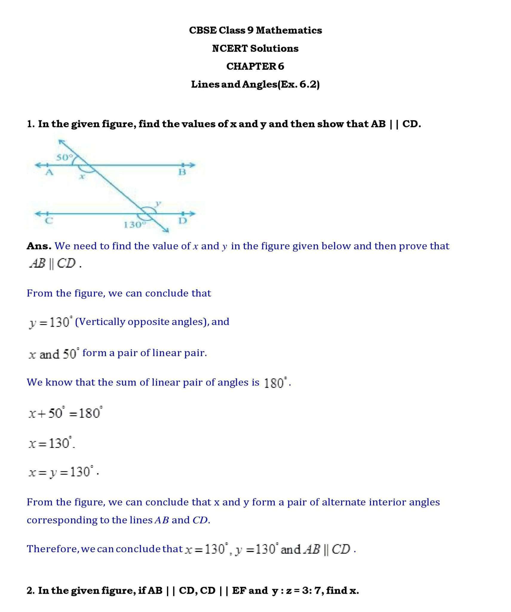 Ch-6 Lines and Angles Page wise NCERT Solution (6.2)