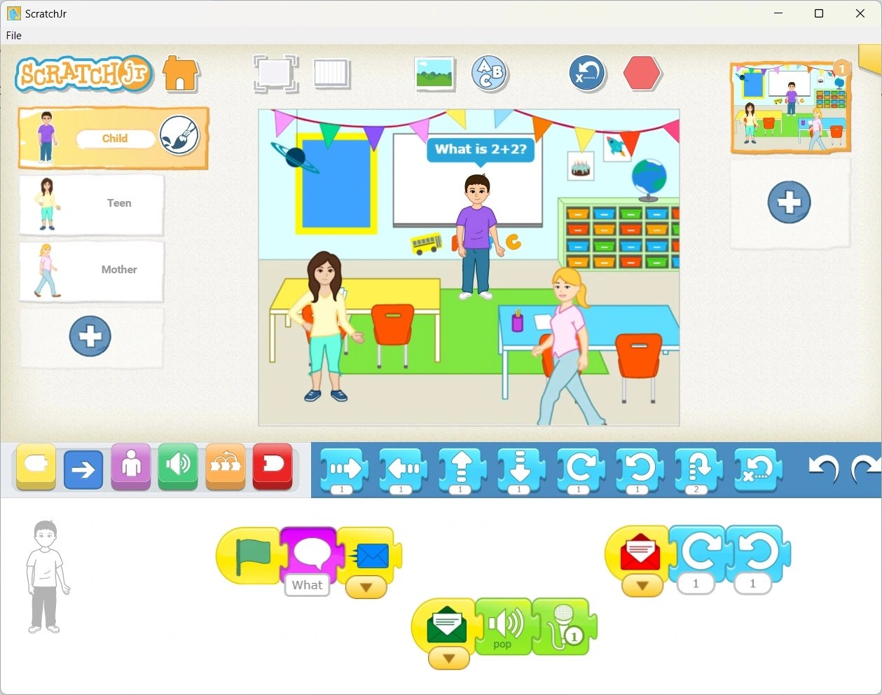 Animation of a quiz game in Scratch Jr with interactive questions and answers.