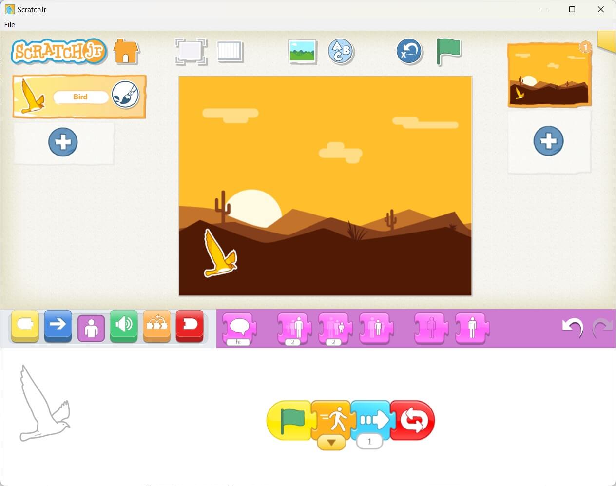 Animation of a bird flying across the screen in Scratch Jr.