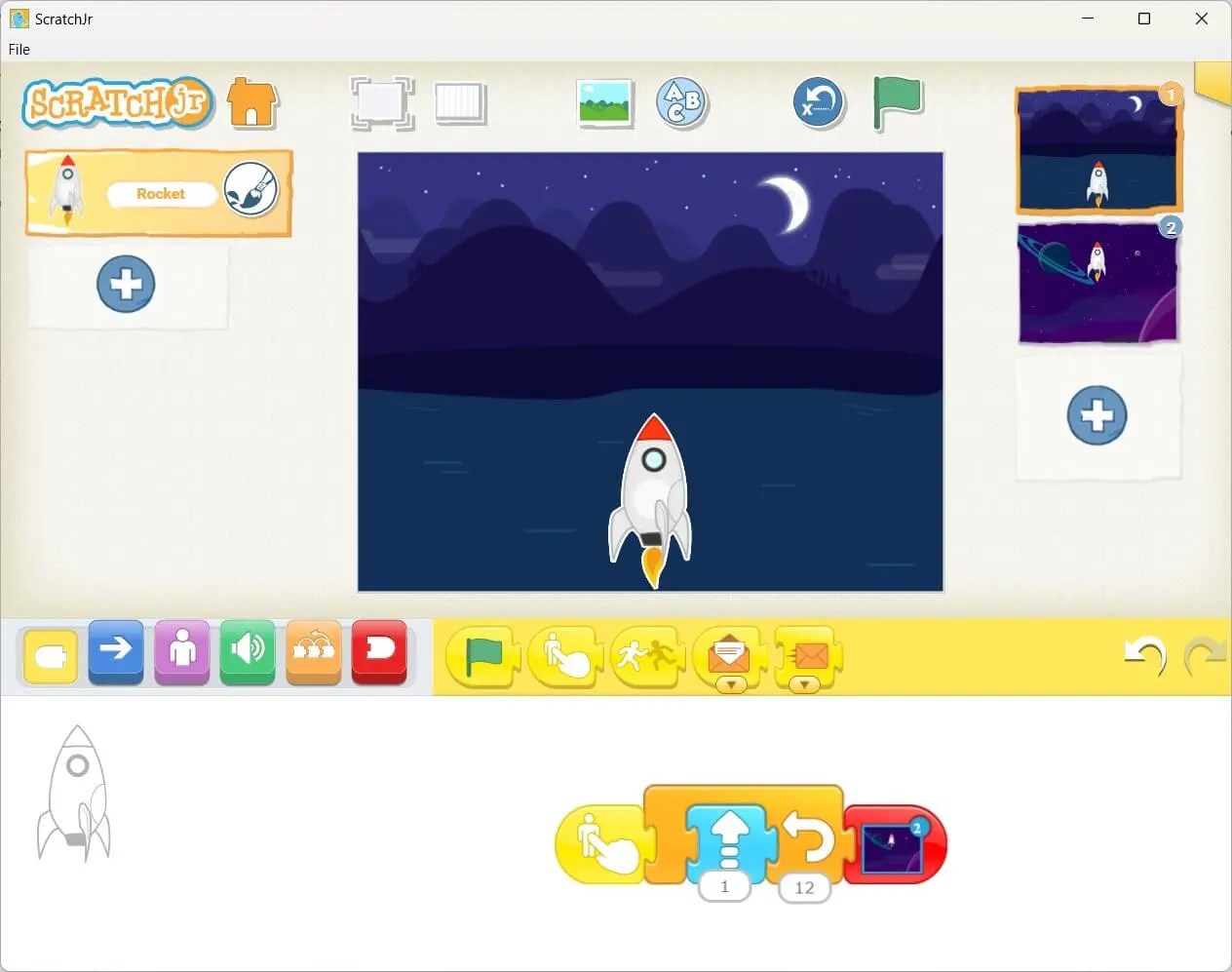 Rocket animation in Scratch Jr, with a rocket moving up against a starry background.