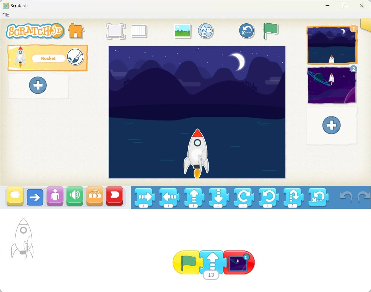 A rocket launching animation with a scene change showing the rocket moving through space.